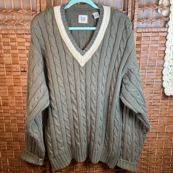 VTG GAP Cable Knit Tennis Sweater V-Neck Pullover Collegiate Mens L 90s Preppy - Picture 1 of 9